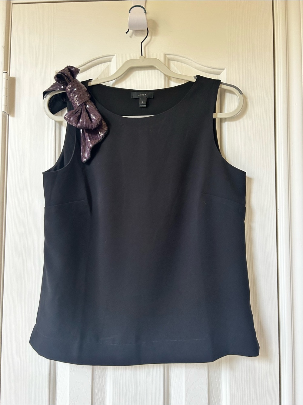 J. Crew Black Sleeveless Top with Sequin Bow Shoulder Detail Size 6